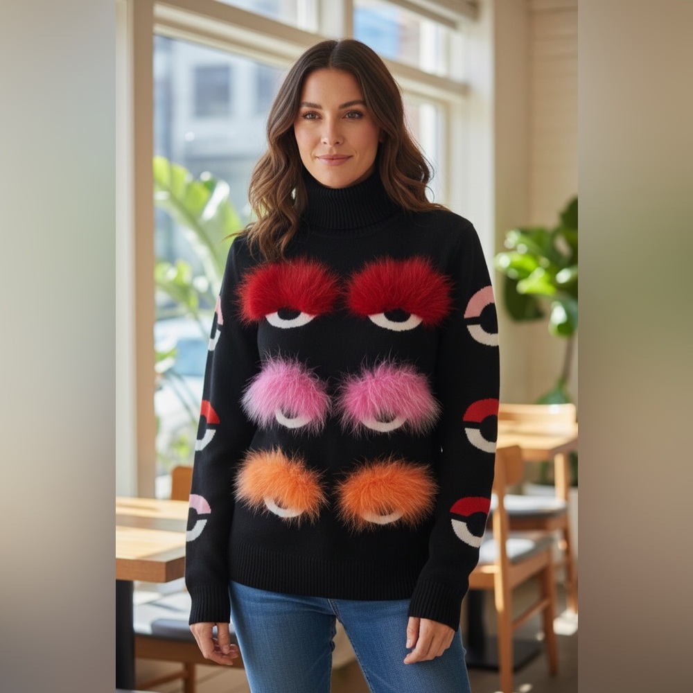 Fendi SPECIAL EDITION Monster Black Sweater with Red, Pink,Orange Fox Fur detail